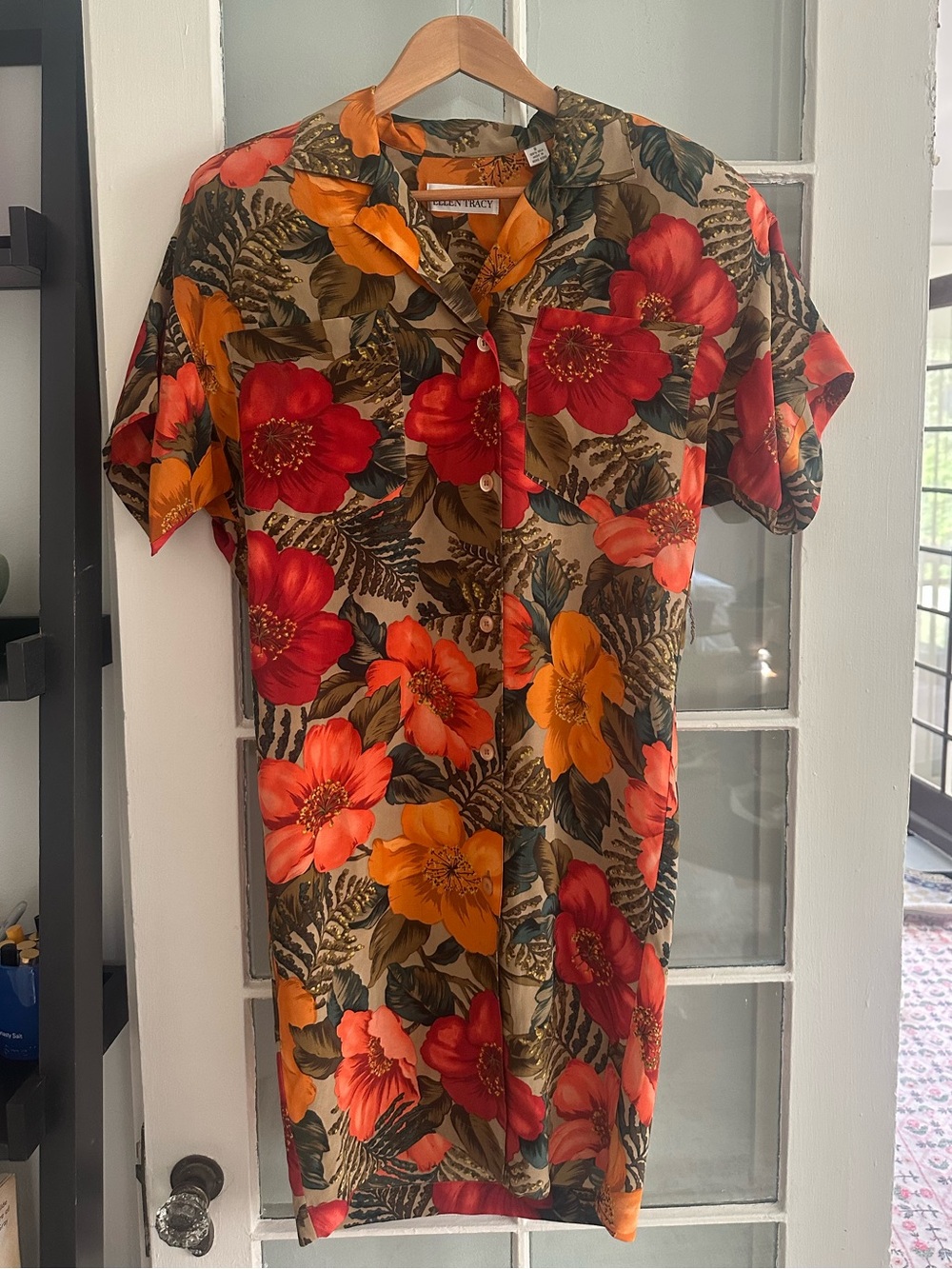Vintage Linda Allard Ellen Tracy Silk Floral Shirt Dress